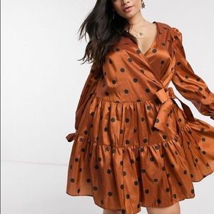 ASOS Curve brown long sleeve polka dot wrap dress